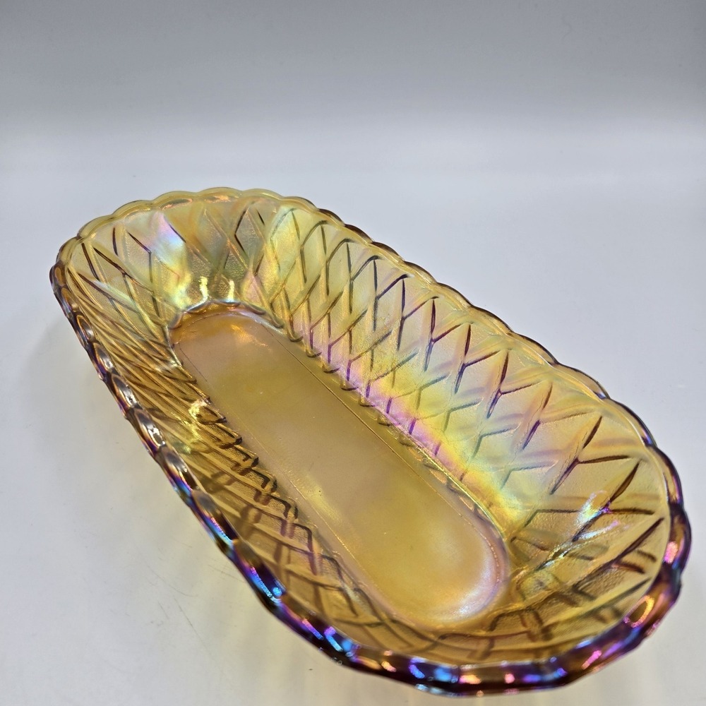Vintage‎ Indiana Glass Oblong Bowls Relish Dish Iridescent Gold Carnival 10.5"